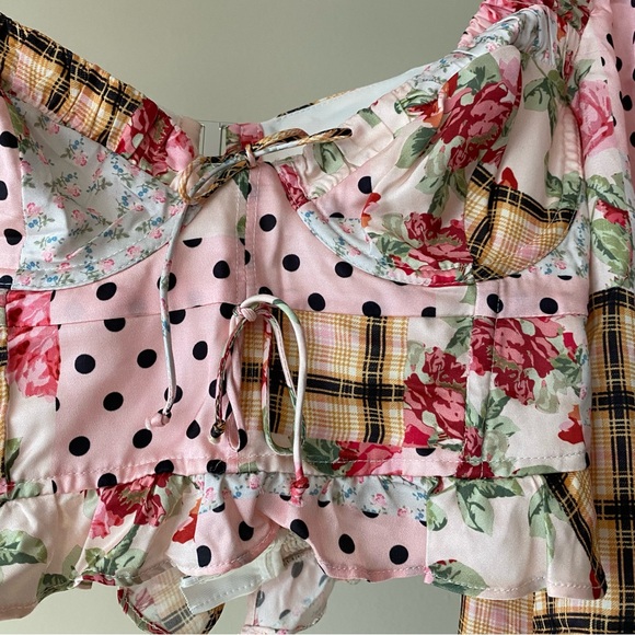 For Love and Lemons Marissa Patchwork Crop Puff Sleeve Shirt Top Size Small S - Picture 5 of 16